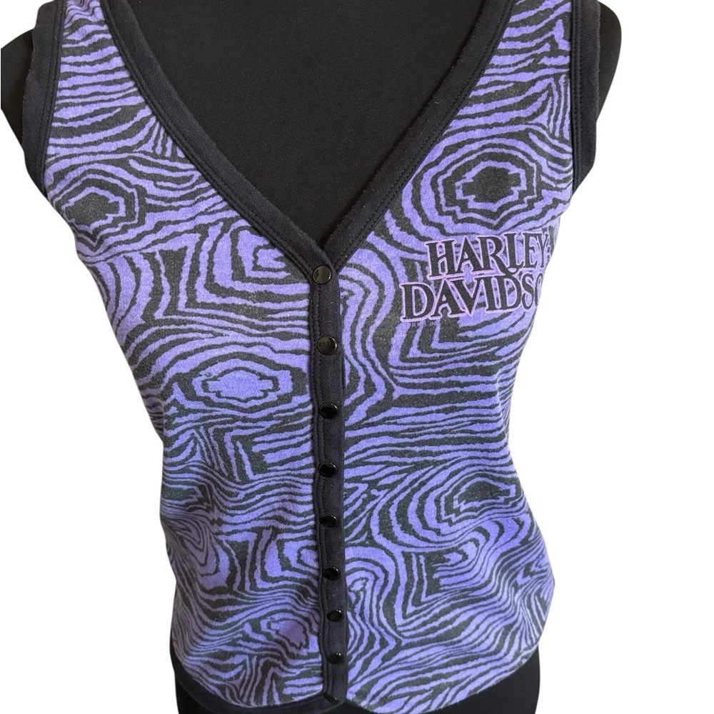 Vintage Harley Davidson Women’s L Animal Print Tank Top Snap Front Purple Biker